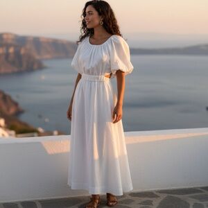 Lena White puff Sleeve Open Back Maxi Dress Large